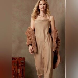 BANANA REPUBLIC NWT NEW tan satin sleek slinky slip midi dress spaghetti strap